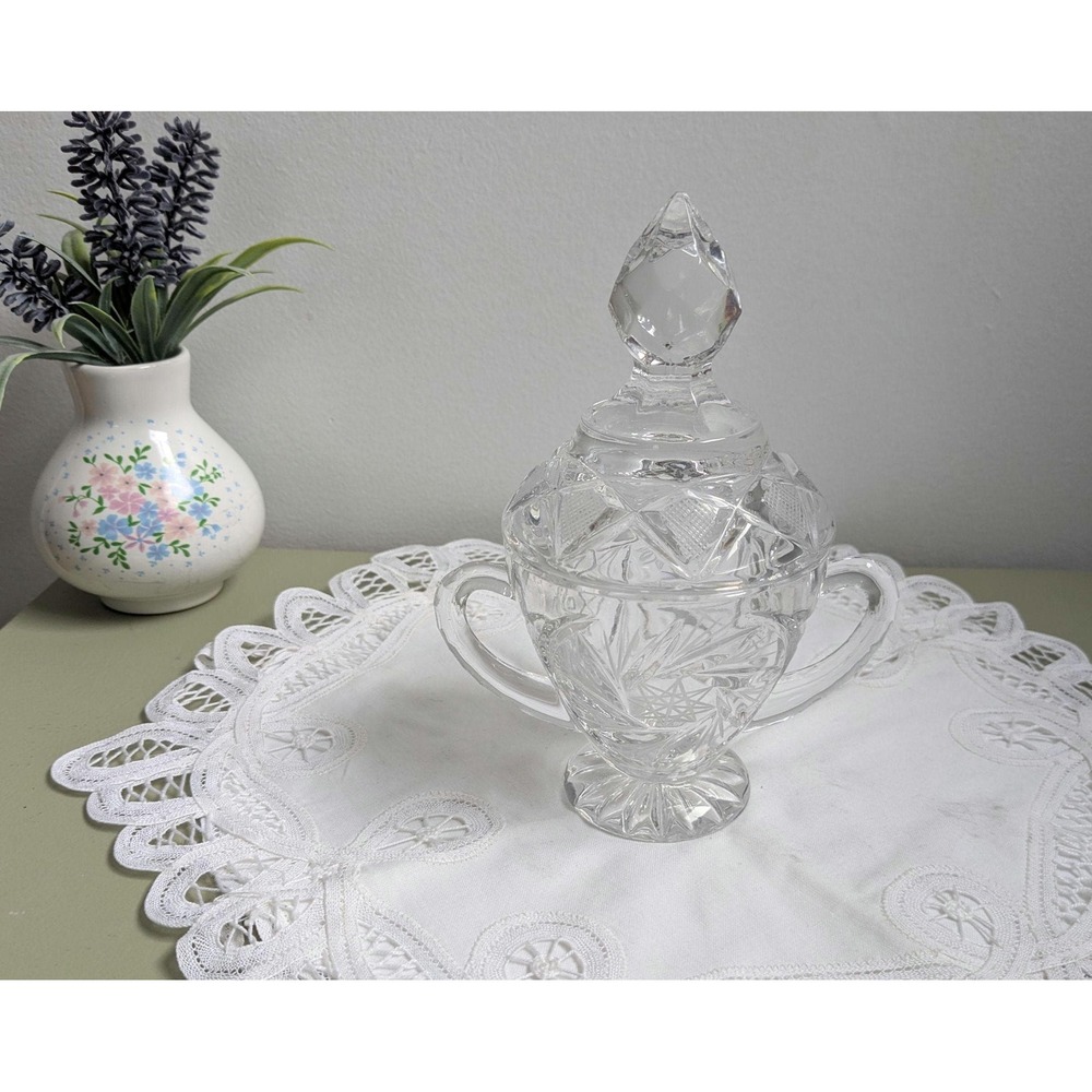 Vintage Crystal Sugar Bowl with Lid, Pinwheel Cut Candy Dish